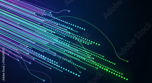 Multicolored neon light trails streak diagonally across a dark background with purple blue and green hues creating a futuristic abstract pattern