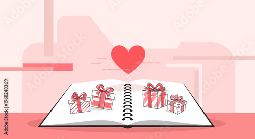 Open book with gifts and floating heart, romantic abstract background, love concept
