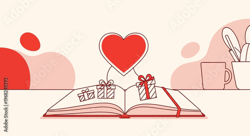 Open book with gifts and red heart, love story concept, simple line art