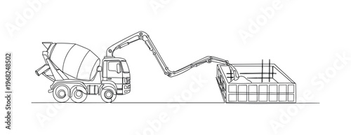 Construction Flow. Minimalistic one-line drawing concrete being pumped from truck to formwork, continuous single black line on white background, simple outline