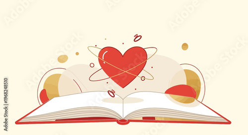 Open Book with Glowing Heart Symbol and Abstract Shapes