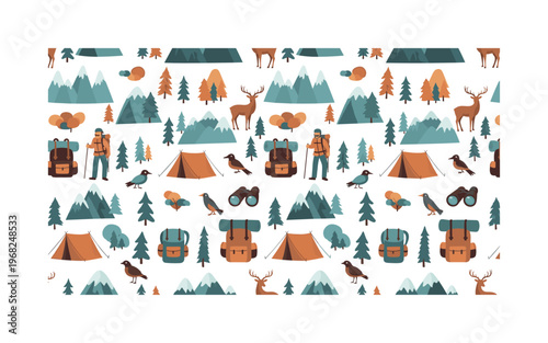 eco-tourism motifs seamless pattern, repeating pattern, surface design, textile print, modern illustration of mountains, forests, travelers, tents, wildlife,