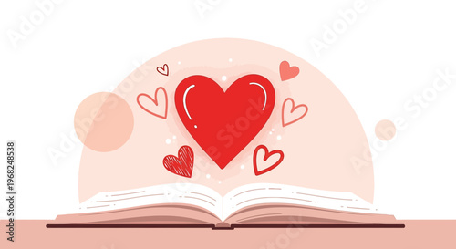 Open Book with Glowing Red Heart Symbol and Hearts Illustration