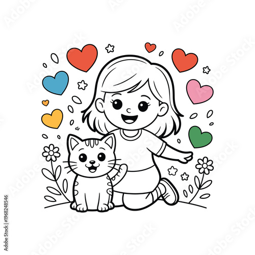 A young girl kneeling with a cat surrounded by colorful hearts and flowers.