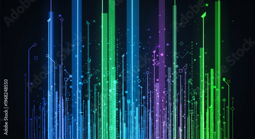 Vibrant multicolored sound wave bars in blue green and purple on a dark background conveying energy and music technology