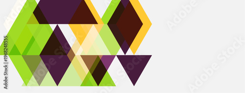 Abstract geometric shapes overlap, creating dynamic visual texture. Colors include green, purple, brown, yellow, white space dominates.