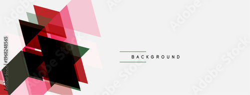 Abstract geometric shapes overlap, creating dynamic visual texture. Pink, red, black, green hues dominate design. Minimalist style.