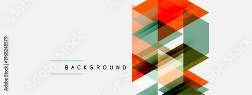 Geometric shapes overlap, creating modern abstract background. Orange, green, gray hues dominate design. Minimalist aesthetic present.