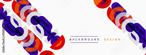 Abstract geometric shapes overlap, creating dynamic visual texture. Red, purple, orange hues dominate white space. Modern design element.