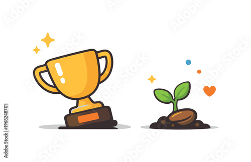 Post-exit identity crisis visualized with a trophy placed aside while a small seed begins to grow nearby. A hopeful metaphor of letting go of past achievements
