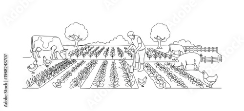 Agroecology Practice. Minimalistic one-line drawing person tending polyculture farm with animals and trees, continuous single black line on white background,