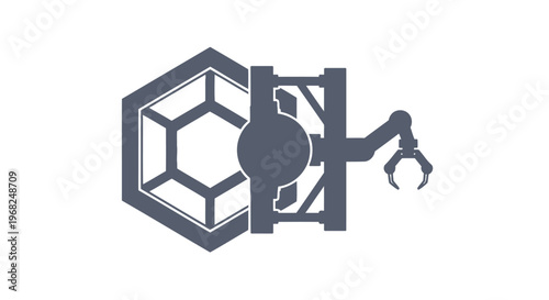 Abstract industrial design featuring a robotic arm and geometric shapes.