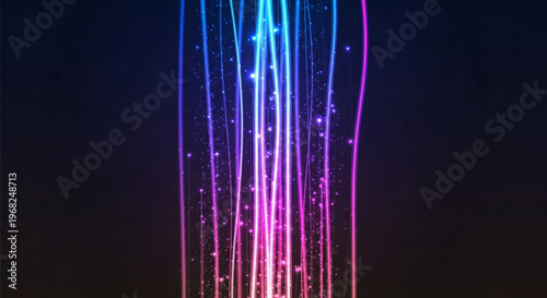 Vibrant neon light trails in shades of pink purple and blue against a dark background creating a dynamic and futuristic visual effect with sparkling particles