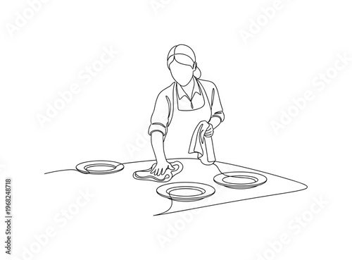 Table Cleanup. Minimalistic one-line drawing person wiping table and clearing plates, continuous single black line on white background, simple outline style,