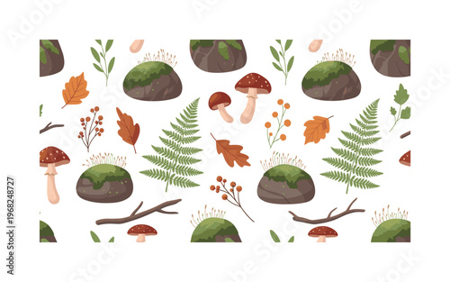 damp forest patterns seamless pattern, repeating pattern, surface design, textile print, modern illustration of moss-covered stones, ferns, leaves, mushrooms,
