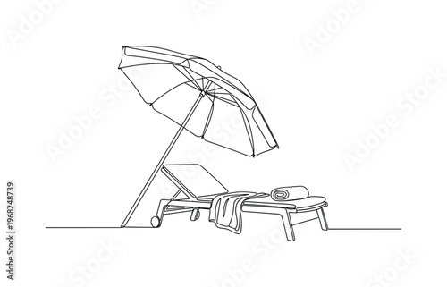 Coastal Relaxation. Minimalistic one-line drawing umbrella shading lounge chair and towel, continuous single black line on white background, simple outline
