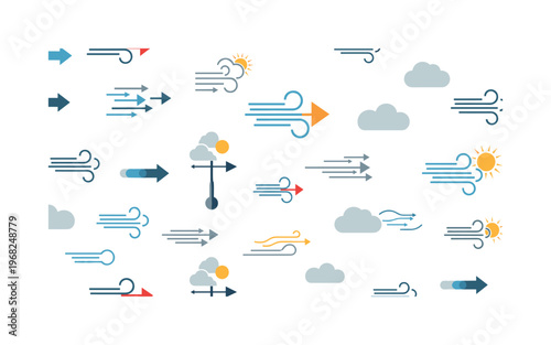 wind energy icons seamless pattern, repeating pattern, surface design, textile print, modern illustration of moving air currents, arrows, clouds,