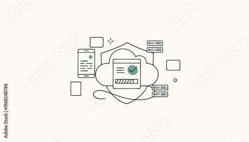 Cloud Computing Devices and Data Flow Illustration on White Background.