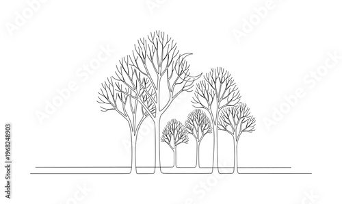 Moonlit Forest. Minimalistic one-line drawing trees with crescent moon visible through branches, continuous single black line on white background, simple