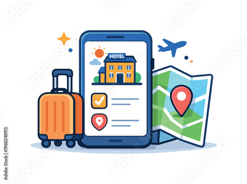 Hotel booking app expressed by a smartphone paired with a small suitcase and map elements, conveying complete travel planning in one place. The scene works as
