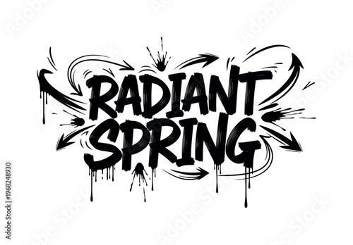 Radiant Spring. lettering and all elements in black. Vector style. AWhite background. Pure white background. Perfect isolation and visual consistency. Dynamic