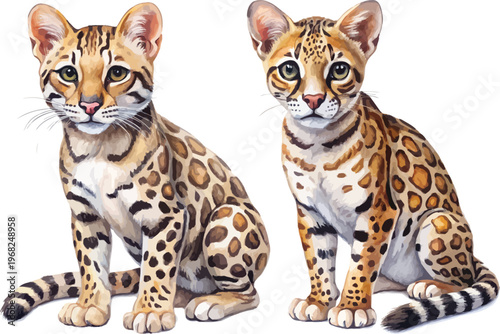 Watercolor Ocelot Illustration, Jungle Cat Clipart, isolated on white background