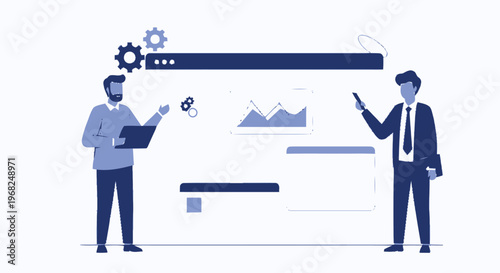 Business professionals collaborating on a project using digital interface and data visualization.