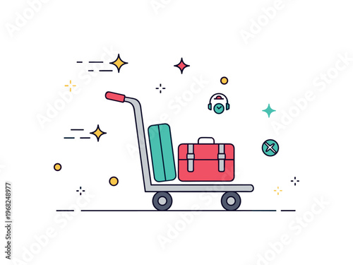 Cart airport luggage transport scene where a trolley carries baggage while tiny sparkle and star icons highlight efficiency, speed, and organized movement. The