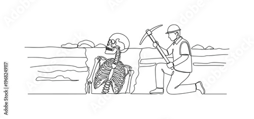 Archaeological Discovery. Minimalistic one-line drawing skeletal remains being studied at dig site, continuous single black line on white background, simple