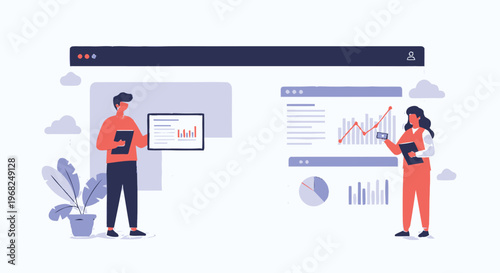 Business professionals analyzing data on screens and tablets for financial reports.