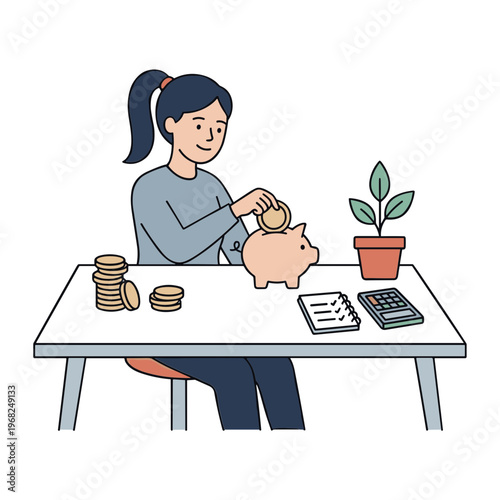 Woman saving coins in piggy bank on office desk with calculator