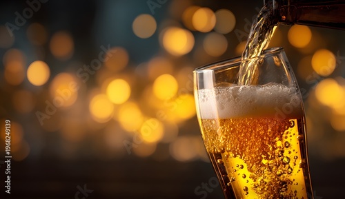 Close up of golden beer being poured from a bottle into a glass creating foam and bubbles with warm bokeh background light
