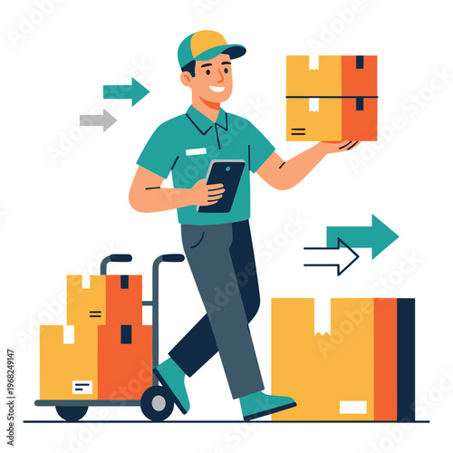 Delivery man carrying boxes on a dolly through a warehouse aisle