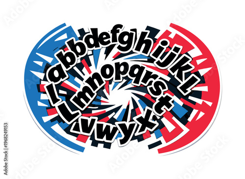 Black and white lowercase alphabet set arranged radially in energetic playful motion, electric blue and crimson semicircles framing the outer edges, sharp