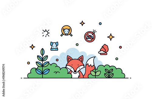 Forest animals hidden forest scene where a fox peeks from behind bushes while small sparkle and line icons emphasize curiosity, alertness, and woodland life.
