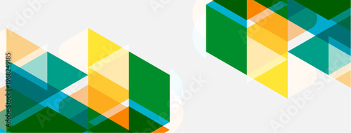 Abstract geometric shapes overlap, creating vibrant color blocks. Design features greens, yellows, oranges, blues on white background.