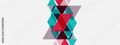 Abstract geometric design. Overlapping triangles create complex pattern. Pink, teal, lavender hues dominate white background. Minimalist style.