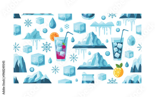 chill patterns seamless pattern, repeating pattern, surface design, textile print, modern illustration of ice cubes, snowflakes, icicles, glaciers, frozen