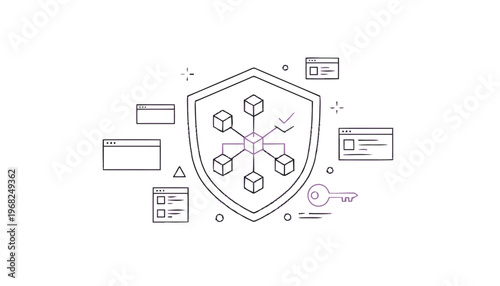 Blockchain Security Shield Illustration with Connected Cubes and Checkmark.