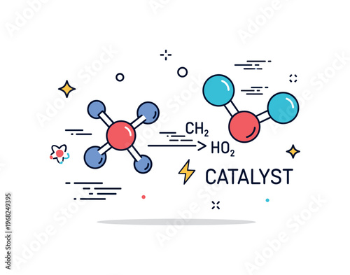 Catalyst chemical reaction concept where molecules interact and spark a transformation while small sparkle and line icons emphasize speed, activation, and