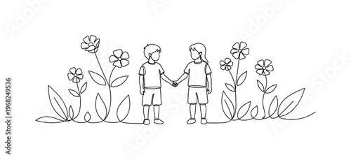 Spring Kids Photoshoot. Minimalistic one-line drawing two children holding hands in blooming garden, continuous single black line on white background, simple