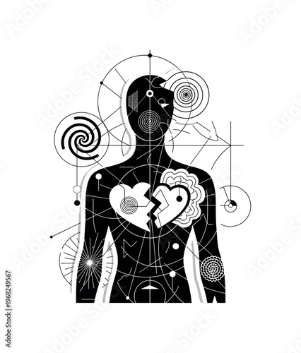 inner turmoil intersecting geometric lines circles and abstract spiral symbols detailed black and white fractured figure with fragmented heart and mind with