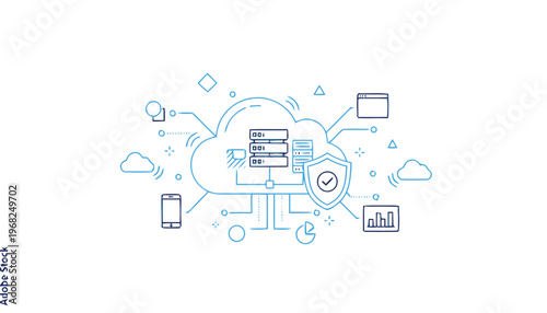 Cloud Computing Network with Security Shield and Connected Devices.