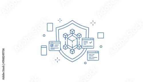 Blockchain Security Illustration with Shield and Data Blocks.