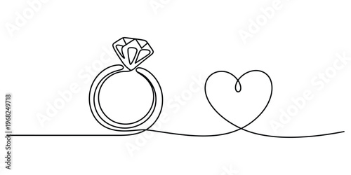 Continuous One Line Drawing of Diamond Engagement Ring and Heart