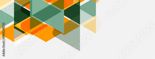 Abstract geometric shapes overlap. Orange, green, beige tones dominate composition. Minimalist design with clean lines, modern aesthetic.