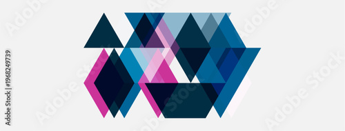 Abstract geometric shapes overlap, creating dynamic composition. Blues, pinks dominate neutral background. Modern design element.