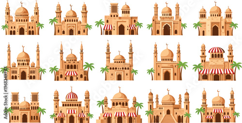 Arabian Mosque and Palace Buildings Set with Islamic Architecture and Palm Trees Vector Illustration Collection for Middle Eastern City Design