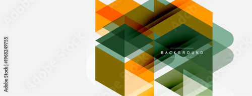 Abstract geometric shapes overlap, creating layered design. Orange, green, brown hues dominate neutral backdrop. Modern aesthetic.