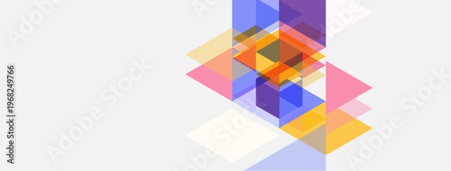 Abstract geometric composition. Overlapping squares, rectangles create colorful pattern. Soft pastel hues dominate design. Minimalist aesthetic.